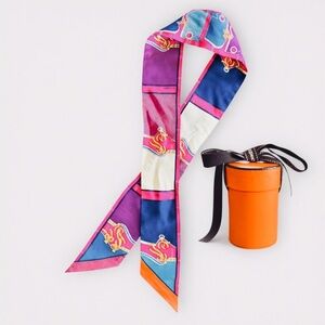 HERMÈS Paris Silk Twilly Scarf Pink Blue Equestrian Print w/ Box